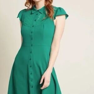 ModCloth Size M Green Shirt Dress Dapper Dance I’m Jade Button Down Collar